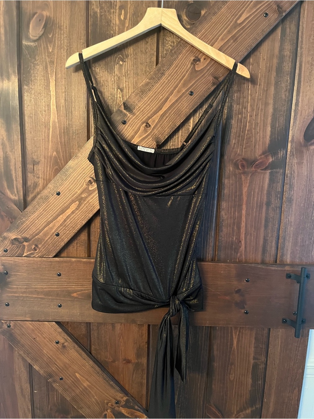 Metallic Black Draped Cowl Neck Tank Top